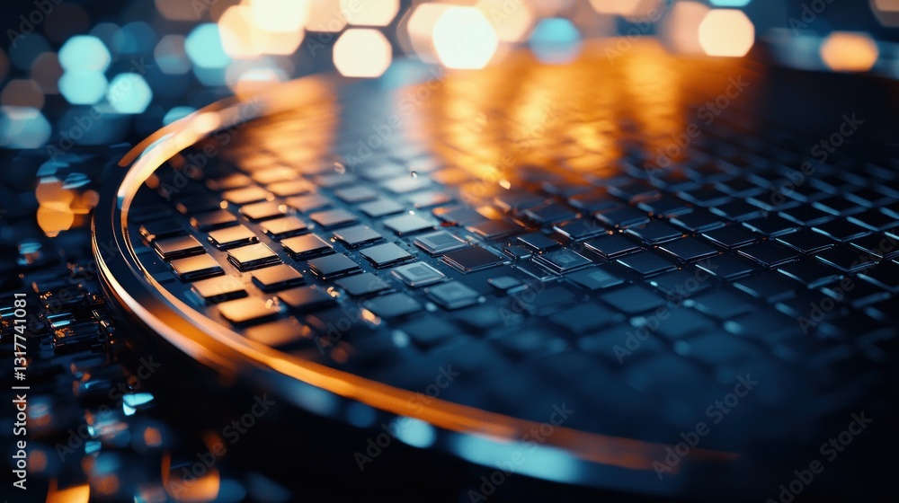 Aufkleber close-up of a metallic circuit board with a grid pattern, illuminated with warm and cool lighting.