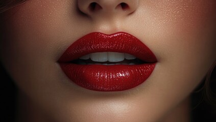 Fototapeta premium This image showcases a dramatic close-up of a pair of glossy red lips adorned with shimmering glitter, set against a soft focus background that enhances the allure and beauty
