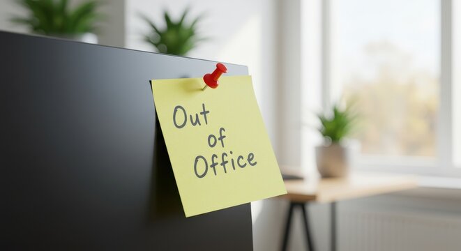 A close-up of a yellow sticky note with Out of Office handwritten on it pinned to the edge of a computer monitor in a bright