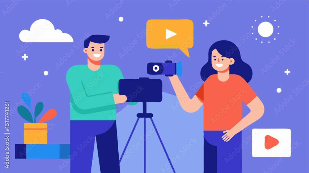 Poster lifestyle vlogging a microinfluencer filming a vlog while a marketer holds a product in the backgrou