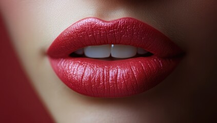 Obraz premium A close-up view focusing on glossy red lips adorned with a sparkling cosmetic finish set against a soft red background, emphasizing their texture and shine while creating an alluring vibe