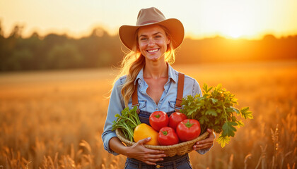 Confident young female farmer smiling while holding freshly harvested produce in a golden field at sunrise, celebrating sustainable agriculture.