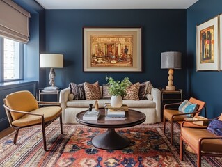 Elegant and cozy living room with rich colors and art pieces
