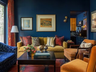 A cozy living room features warm colors and artistic decor