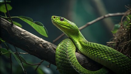 Obraz premium bright green snake curled on a tree branch, its piercing eyes staring forward.