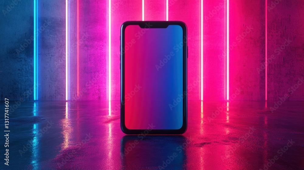 Poster modern smartphone display with vibrant gradient background in neon lighting