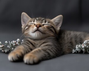 A Relaxed Tabby Kitten Lying Near Small White Flowers