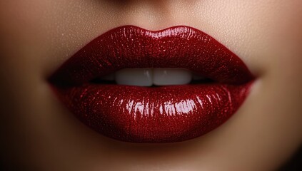 Obraz premium This image captures a stunning close-up of glossy red lips adorned with sparkling glitter, showcasing a vivid and bold expression of beauty; the soft lighting enhances the smooth skin texture