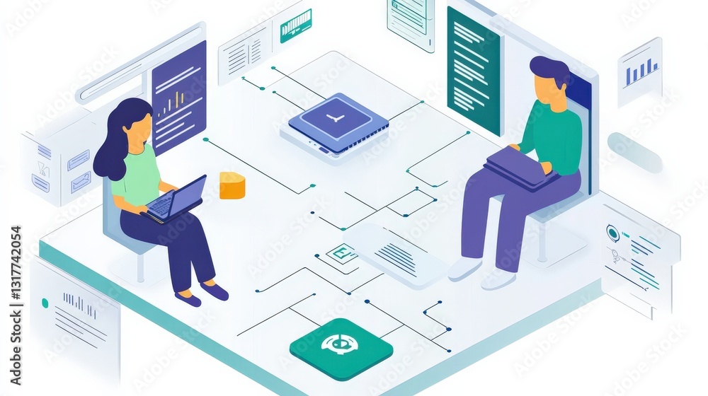 Poster two individuals engaged in digital collaboration, surrounded by data visualizations and technology e