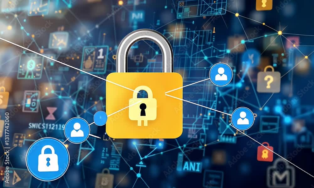 Poster cybersecurity concept with golden padlock on blue network background digital security network protec