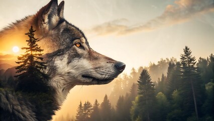 majestic lone wolf standing in a foggy forest at dawn
