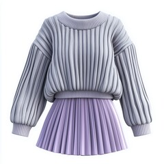 gray, oversized, ribbed knit sweater, featuring a relaxed fit and a crew neckline, styled with a light violet pleated mini skirt 4