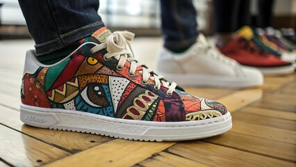 detailed close-up of custom-designed sneakers featuring bold, colorful artwork