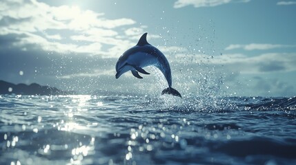 Dolphin leaping from ocean, sunlight, water splash.