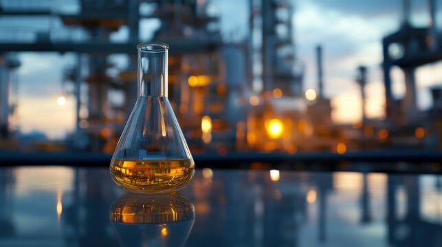 Oil sample placed on a lab table with refinery machinery in background.