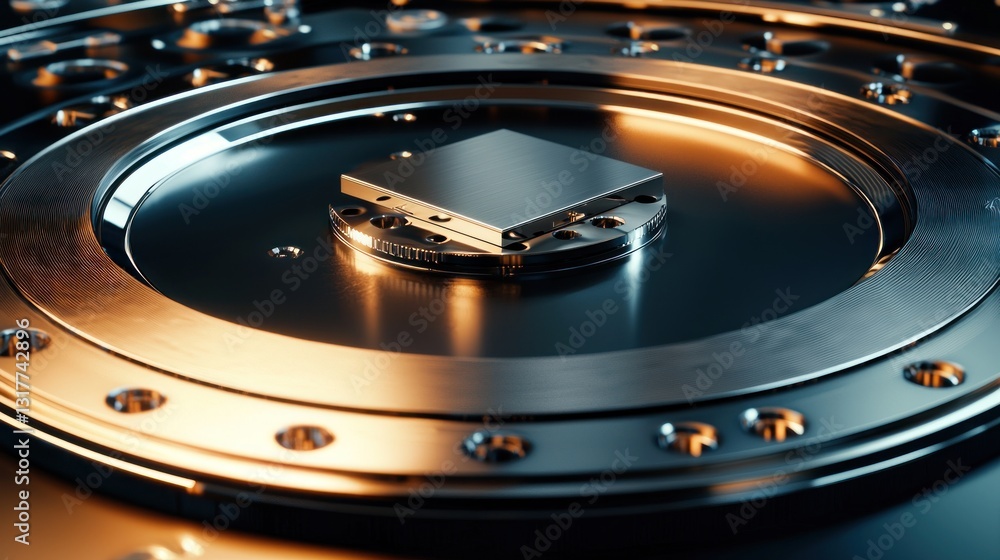 Poster close-up of a metallic component, possibly a microchip, mounted on a circular platform with intricat