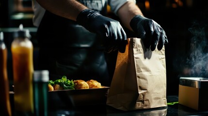 Creative chef prepares takeout meal in a modern kitchen with attention to detail during evening hours