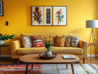 A bright living room decorated with various colorful furnishings and art
