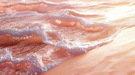 Fototapeta premium Close-up of gentle ocean waves lapping sandy shore at sunset.