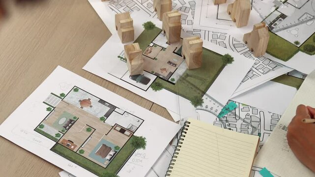 Architect and engineer consider or discuss about building construction using blueprint on table with architectural document, measurement tool and wooden block scatter around at office. Delineation.