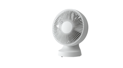 A white oscillating table fan on a white background --ar 16:9