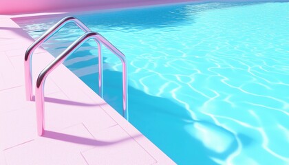 Elegant Pool Design: Turquoise Blue Pool With Shiny Metal Ladders And Pink Concrete Deck Rendered Beautifully In Modern Style.