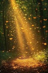 Sunlight filters through trees illuminating golden leaves in a tranquil forest setting