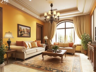 A beautifully decorated living room showcases elegant furniture and warm colors