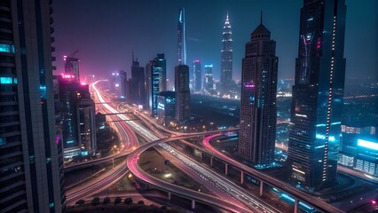 Fototapeta premium Futuristic cityscape at night, with glowing skyscrapers and vibrant neon light trails creating an energetic vibe