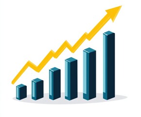 A simple bar graph illustrating an upward trend in sales, featuring blue bars, a yellow arrow, and a white background.