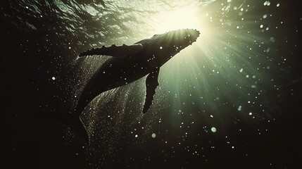 Silhouetted humpback whale underwater, sun rays.