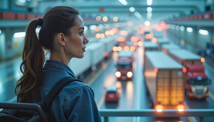 A focused young woman observing a dynamic logistics operation with trucks and digital maps in a soft, ambient-lit backdrop, showcasing transport efficiency and coordination.