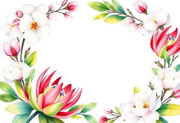Naklejka premium Vibrant watercolor protea & cotton wreath, spring wedding frame, element, protea