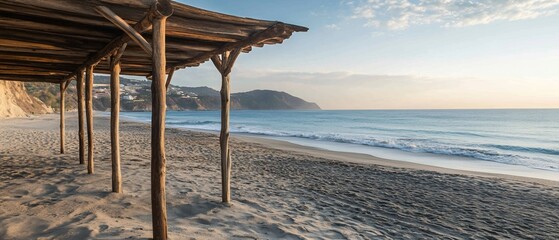 Wooden beach shelter, ocean view, sunrise. Peaceful coastal scene