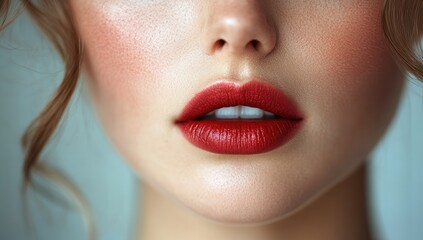 This close-up image beautifully captures a woman's lips adorned with vibrant red glittery lipstick that shines brilliantly under soft lighting while her flawless skin glows softly in the background