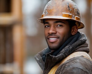 Smiling construction worker wearing a dirty hard hat looking at the viewer