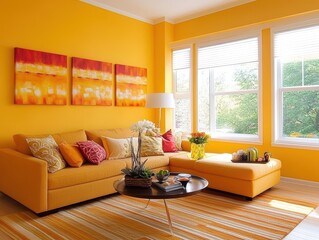 An inviting living room with vibrant yellow walls and decor