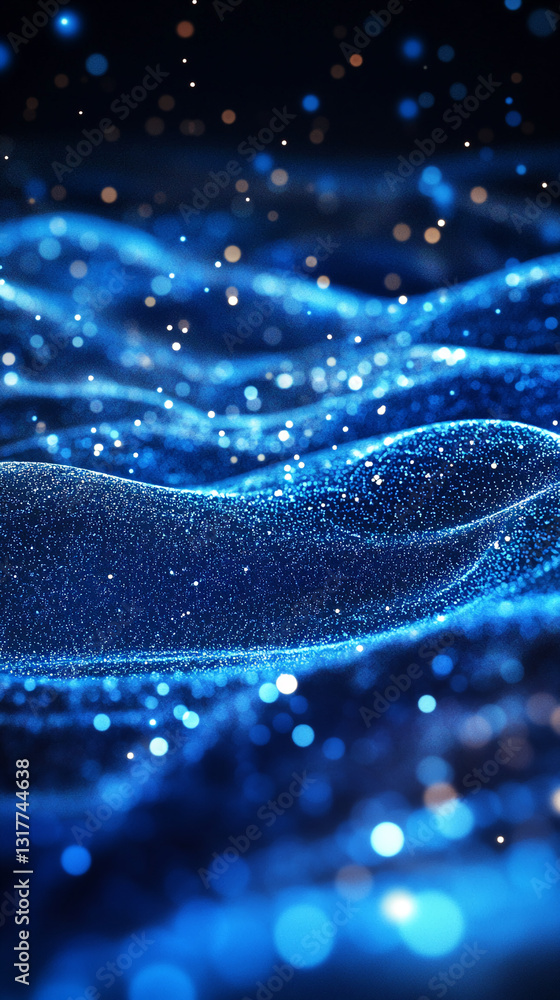 Poster Abstract blue sparkling waves, creating a dynamic and energetic visual.  Symbolizes technology, innovation, or futuristic concepts, ideal for digital backgrounds