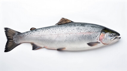 Naklejka premium Fresh Salmon on White Background with Silvery Skin and Streamlined Shape