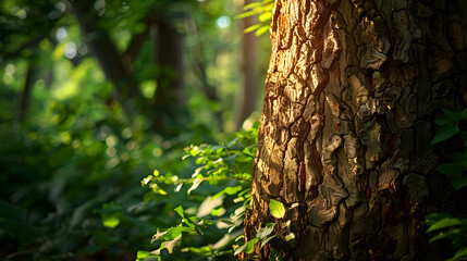 Obraz premium Majestic Tree Trunk in Dense Forest Captures Nature's Enduring Strength and Beauty, Standing Tall Amidst Sunlit Canopy and Lush Foliage