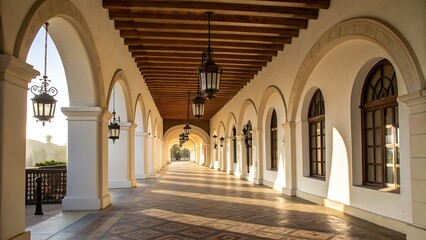 Obraz premium Elegant arched corridor with warm lantern lighting, blending historical architecture with a peaceful, inviting glow.
