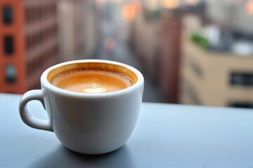 A shot of espresso with a modern urban backdrop, intensity