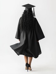 Elegant Graduate in Flowing Black Gown and Mortarboard – Academic Achievement, Graduation Ceremony, University Success, Scholarly Milestone