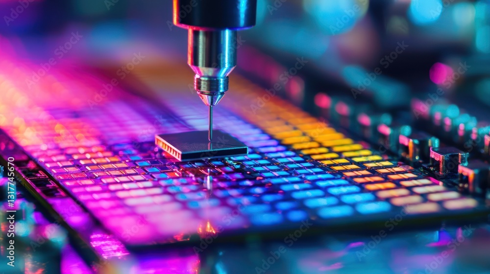 Poster microscopic view of a microchip being manufactured on a circuit board.
