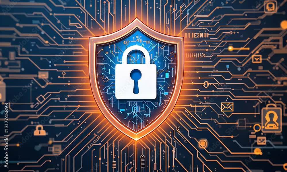 Poster digital network security protection with glowing padlock on shield circuit design on blue background