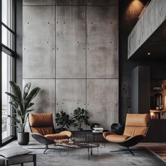 Modern living room featuring leather chairs concrete walls and plants