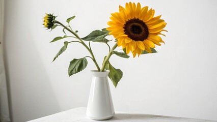Sunflower in a Vase: A stunning still life showcasing a vibrant sunflower and bud gracefully arranged in a simple vase.