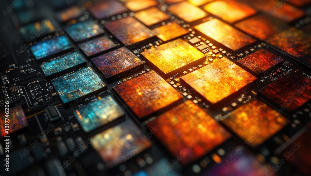 Poster close-up view of colorful circuit board chips, showing intricate patterns and glowing orange and blu