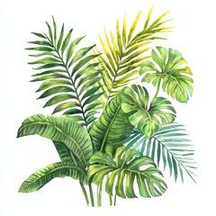 Watercolor artwork of a vibrant tropical plant arrangement, featuring palm leaves and ferns, isolated on a white background, refreshing and lush