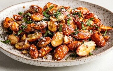 Fototapeta premium Toasted Almonds with Herbs and Cheese on Speckled Plate